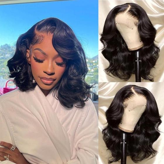 Imagem de Bob Wig Human Hair 13x4 Body Wave Perucas frontais de renda Cabelo humano 180% de densidade Perucas frontais de renda Cabelo humano pré-arrancadas par