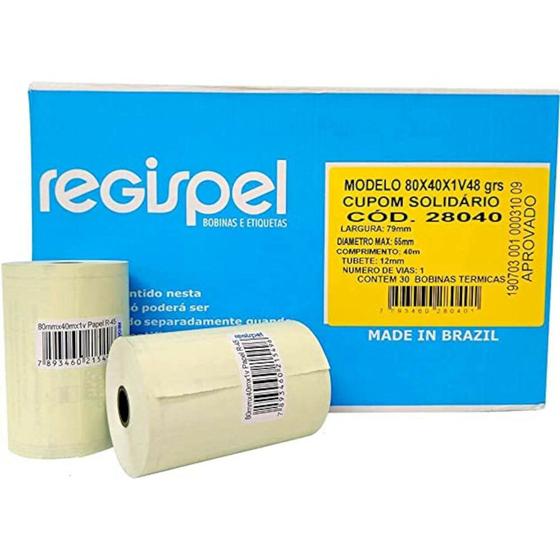 Bobina termica 80x40 amarela 30 un - regispel Menor preço em Bobina termica 80x40 amarela 30 un - regispel