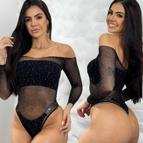 Imagem de Body Arrastão Com Strass Transparente Sensual Manga Longa