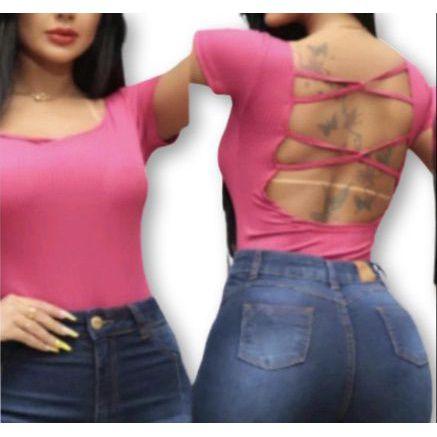 Imagem de Body blusa canelada manga curta tira transpassada nas costas estilo blogueira