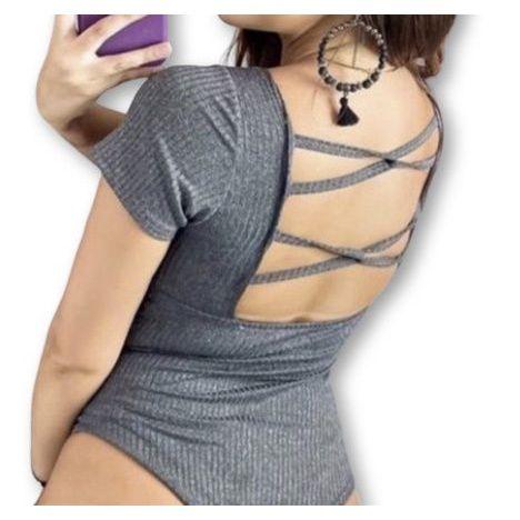 Imagem de Body blusa canelada manga curta tira transpassada nas costas feminino