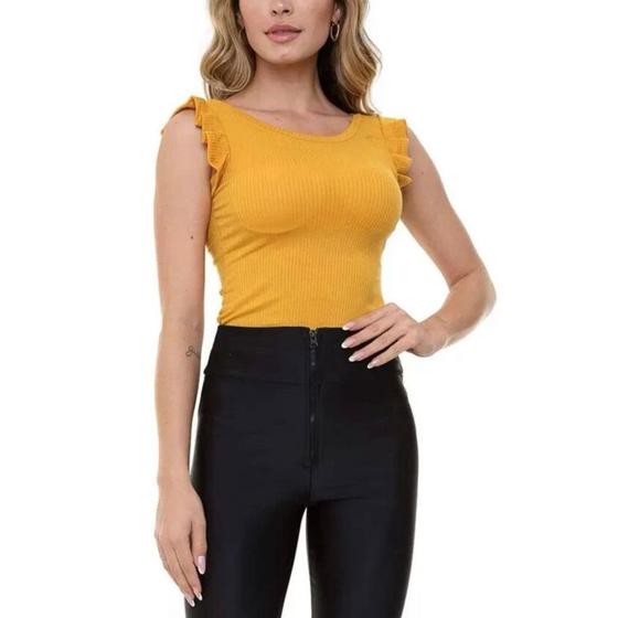 Imagem de Body blusa canelado confortável cavado babado feminino moda