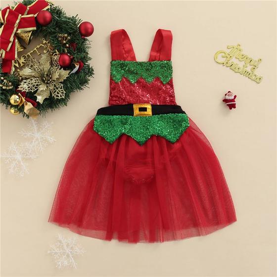 Imagem de Body Bodies Infantil de Bebê Natal Natalino Luxo Saia de Tule Paetê e Lantejoula