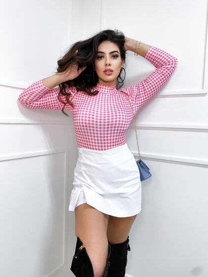 Body canelado xadrez gola alta manga longa princesa estilo blogueira Menor preço em Body canelado xadrez gola alta manga longa princesa estilo blogueira