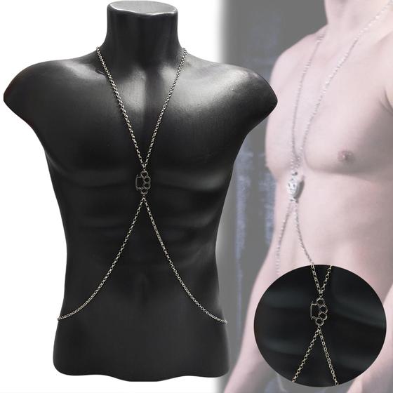 Imagem de Body Chain Masculino Colar de Corpo em Aço Prata Pingente Inglês