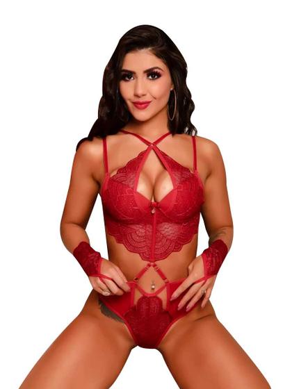 Imagem de Body com Bojo Conjunto Sedução Vermelho em Renda e Tule + Luvas