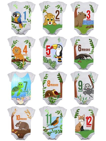 Imagem de Body de Bebê Mesversario Safari Fauna Brasileira Kit Com 12 Bodies de 1 a 12 Meses