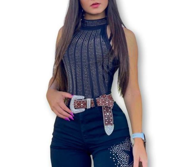 Imagem de Body feminino aplicação strass cavado gola alta poliéster moda gringa