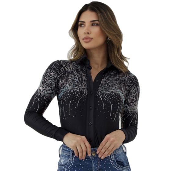 Imagem de Body Feminino Camisa Boiadeira Preto com Pedrarias Manga Longa Balada Country Elegante