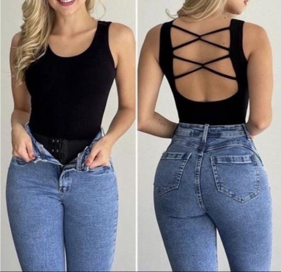 Imagem de Body feminino canelado regata tira transpassada nas costas moda feminina