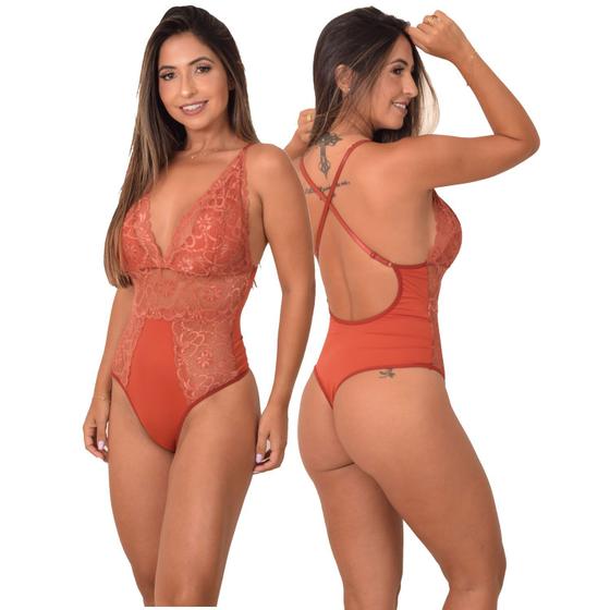 Imagem de Body feminino fio dental sem bojo com renda e microfibra alças cruzadas reguláveis lingerie outwear