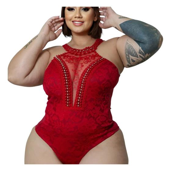 Imagem de Body Feminino Plus Size Blusa Renda Tule Perolas Elegante