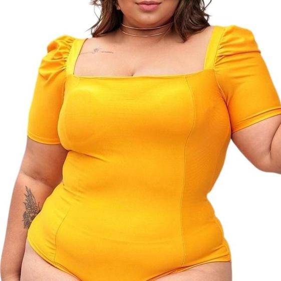 Imagem de Body feminino plus size poliéster decote reto manga curta princesa com bojo novidade