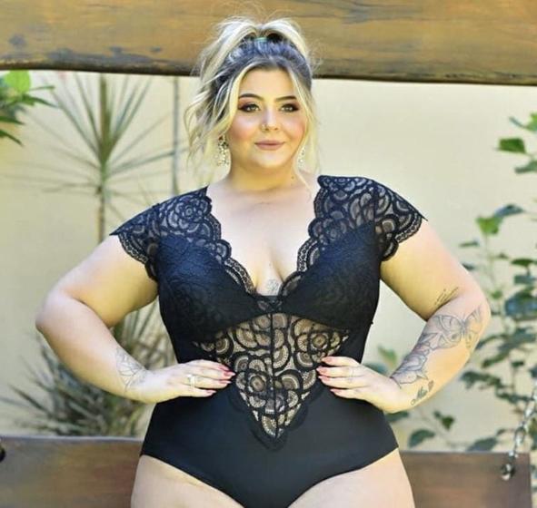 Imagem de Body feminino plus size tule renda decote v faixa manga curta fashion