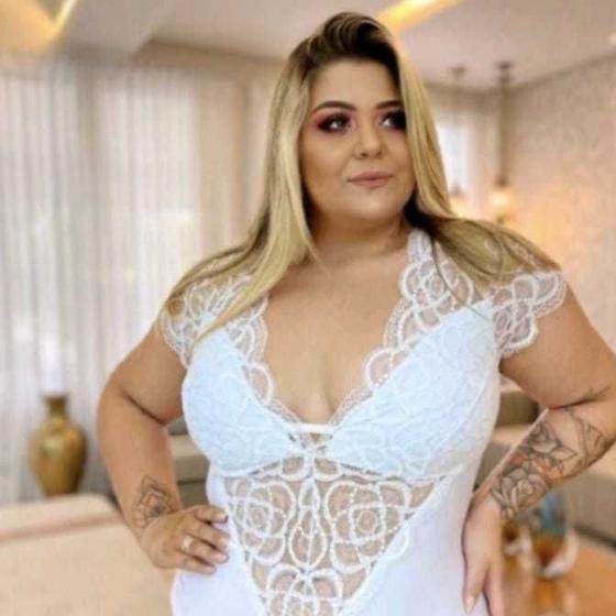 Imagem de Body feminino plus size tule renda decote v faixa manga curta maçio