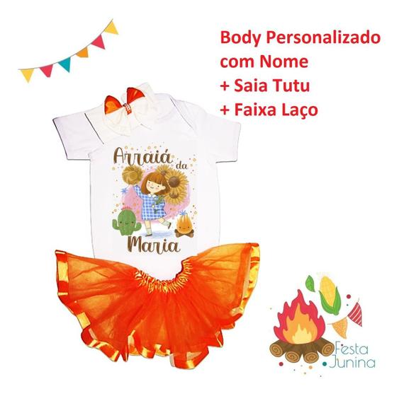 Imagem de Body Festa Junina Bebê Saia Tutu Laço Personalizado Com Nome Miss Caipirinha Linda Quadrilha Menina