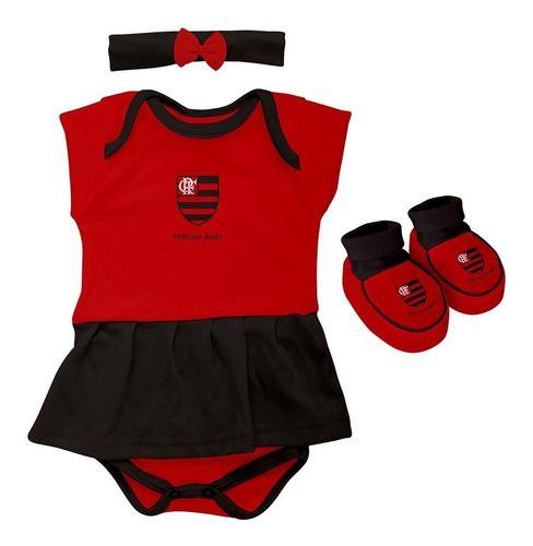 Imagem de Body Flamengo Bebe + Pantufa + Lacinho Menina Oficial - Vermelho-Preto - M (3-6 meses)