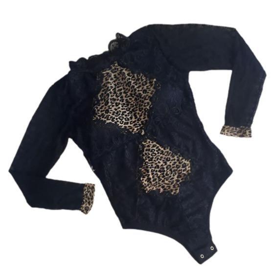 Imagem de Body Greece Manga Longa Rendado Com Bojo Detalhes Animal Print