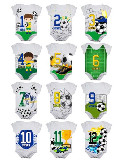 Imagem de Body Mesversario Futebol Kit Com 12 Bodies de Bebê 1 a 12 Meses