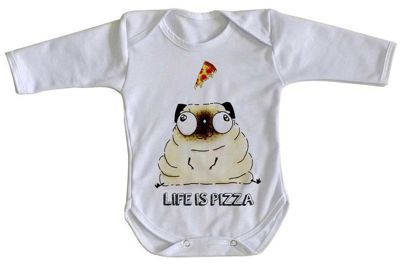 Imagem de body nenê criança roupa bebê manga longa Life is pizza pug