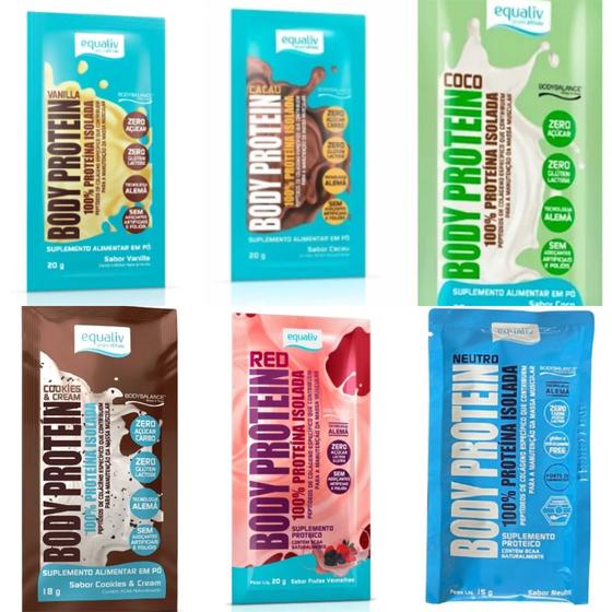 Imagem de Body Protein kit com 06 un Saches Baunilha,Cacau,Coco,Cookies ,Frutas Vermelhas e Neutro Equaliv