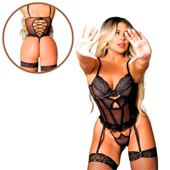 Body Sensual com Bojo em Tule e Renda com Transparência Preto Tam GG Menor preço em Body Sensual com Bojo em Tule e Renda com Transparência Preto Tam GG