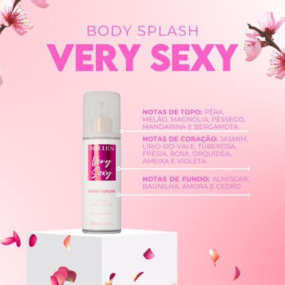 Arte promocional do Body Splash Very Sexy com lista das notas olfativas e pétalas de flores ao fundo