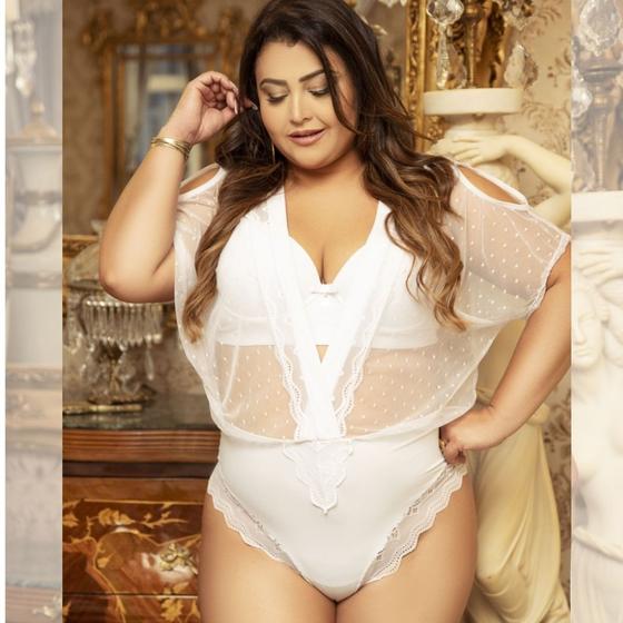 Imagem de Body Super Luxo Plus Size Com Tule E Elastano, Acompanha Sutiã Com Bojo