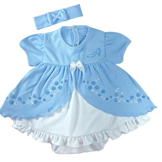 Imagem de Body vestido bebê fantasia manga curta franzida azul e branco bordado princesa cinderela com faixa de cabelo