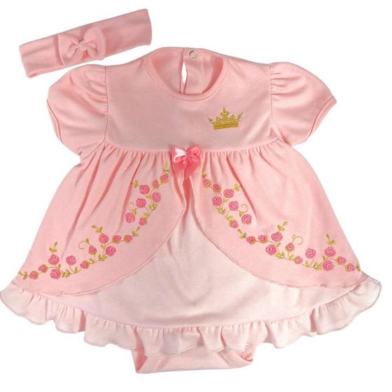Imagem de Body vestido bebê fantasia manga curta rosa e branco bordado princesa bela adormecida com faixa de cabelo