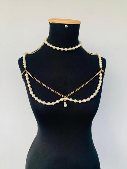 Imagem de Bodychain de pérolas camadas duplas com colar de pérolas abs