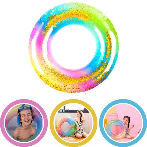 Imagem de Boia Criança Infantil Redonda Inflável Arco Íris Com Glitter  55cm