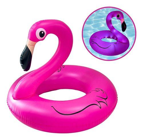 Imagem de Boia Flamingo Redondo Rosa Com Led Praia Piscina e Natação