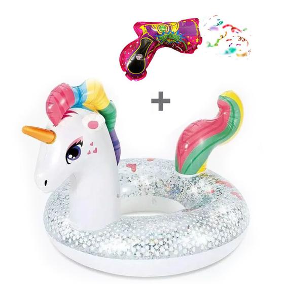 Imagem de Boia Unicórnio Gliter Baby Infantil Colorida Brinquedo 70cm Piscina Menina Bexiga Bote Presente Criança Bebê Guerra