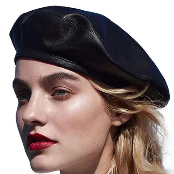 Imagem de Boina Redonda Feminina Francesa Couro Pu Moda Luxo Ajuste