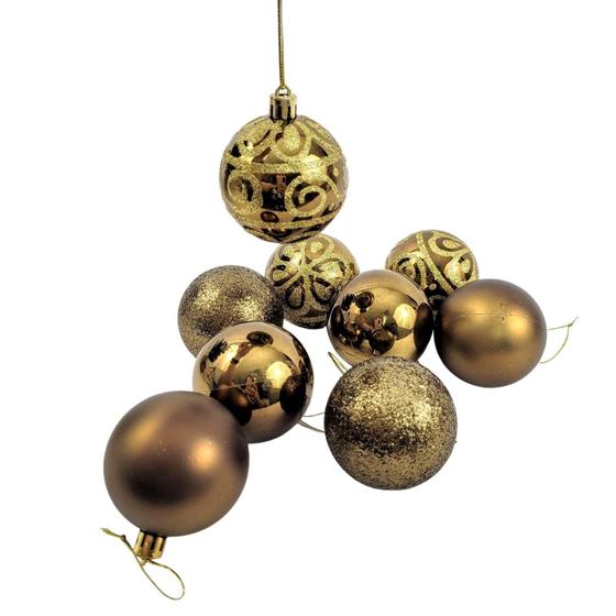 Imagem de Bola De Natal Bronze Decorada 6Cm Para Árvore Kit 9Pc