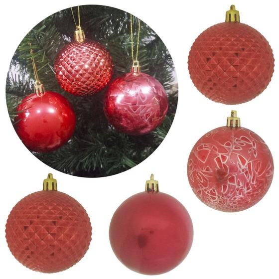 Imagem de Bola de Natal Grande Vermelha Mista 7cm Kit 12 Unidades