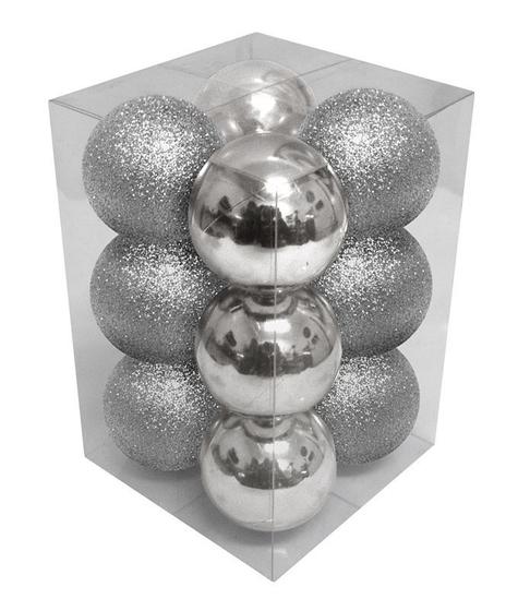 Imagem de Bola de Natal Prata Brilhante e Glitter 6cm com 12pçs