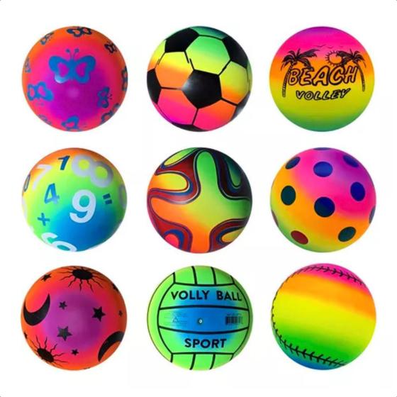 Imagem de Bola de Vinil Pula Pula Neon Atacado Dente de Leite Bolinha Infantil Inflável Pingo Futebol 45 Unidades