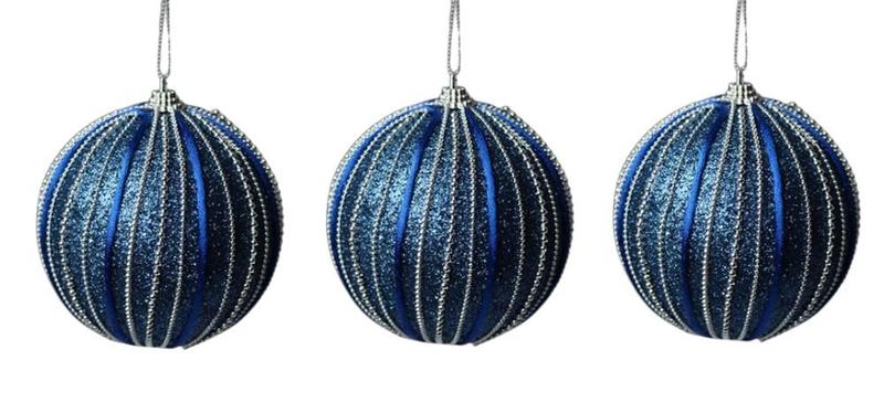 Imagem de Bola Decorada Azul com detalhes em prata 10cm c/3