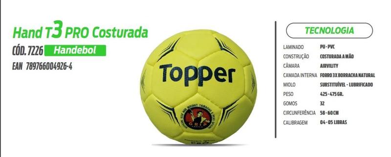 Imagem de Bola Handebol Topper Hand T3 Pro Costurada Amarelo