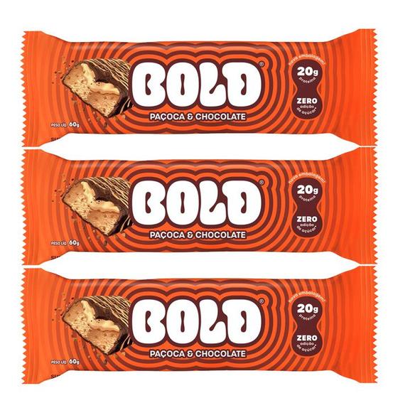 Imagem de Bold Barra de Proteína Paçoca & Chocolate contendo 3 unidades de 60g cada