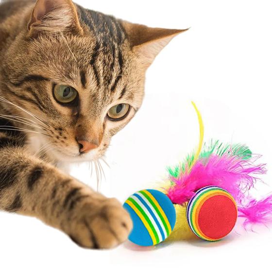 Imagem de Bolinha com Penas Brinquedo Interativo para Gatos com Pena Colorida Antiestrese Macio Atóxico