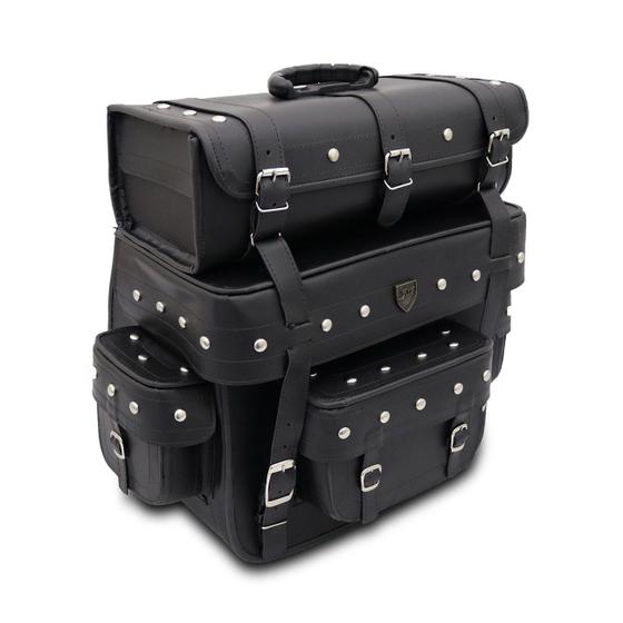 Imagem de Bolsa Alforge Traseiro Moto Custom 60 Litros Universal Sissy Bag material ecológico Preto Com Cravos
