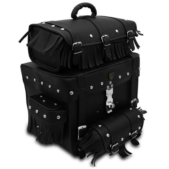 Imagem de Bolsa Alforge Traseiro Moto Custom 62 Litros Universal Sissy Bag com Chave Preto com Franjas