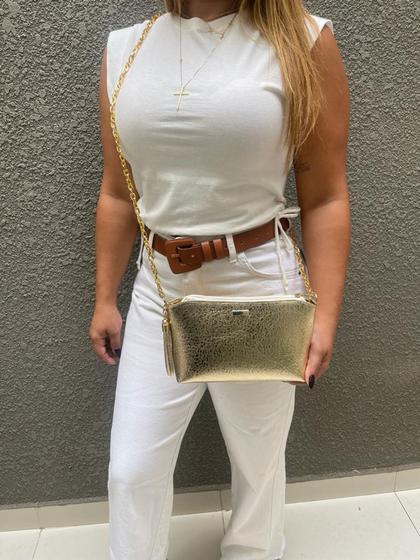 Imagem de Bolsa Bolsinha Festa Brilho Metalizada Feminina com Corrente Transversal Lateral Ombro