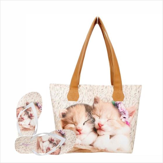 Imagem de Bolsa Com Chinelo Feminino Gatinhos Magicc Bolsa