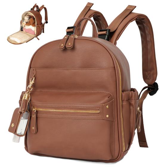 Bolsa de Fraldas Miss Fong - Mini Mochila de Couro com 11 Bolsos