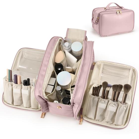 Imagem de Bolsa de maquiagem de viagem HauteHues de grande capacidade impermeável rosa