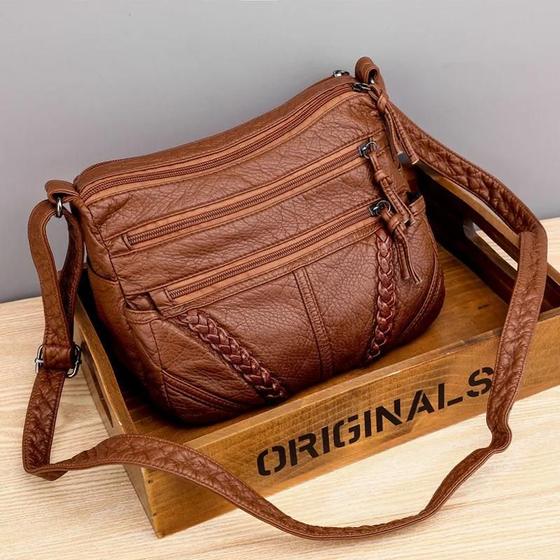 Imagem de Bolsa de ombro crossbody retrô para mulheres Bolsa de couro macio cor sólida vintage